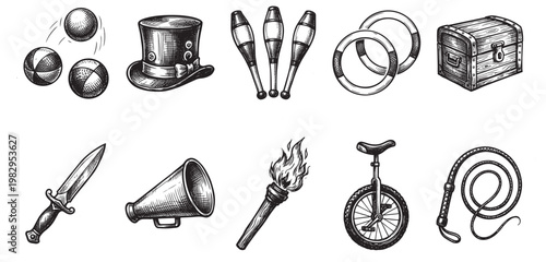 A collection of vintage circus performance items like juggling balls, a top hat, clubs, rings, and a whip, rendered in a classic black and white engraving style.