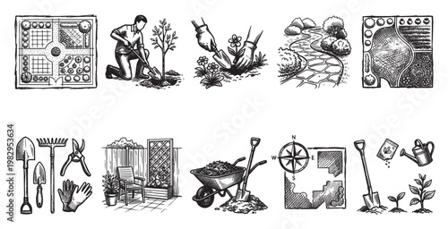 A collection of black and white hand-drawn illustrations depicting various gardening activities, tools, and design elements, suitable for concept art or instructional materials.