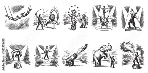 Collection of black and white illustrations depicting various traditional circus acts in a vintage style.