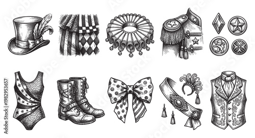 A black and white sketch collection of vintage circus costume accessories, featuring a top hat, leotard, boots, bow, and ornate vest, suitable for design.