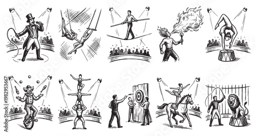 A hand-drawn, black and white collage depicts various classic circus acts including a ringmaster, acrobats, a juggler, a tightrope walker, a fire breather, and a lion tamer.