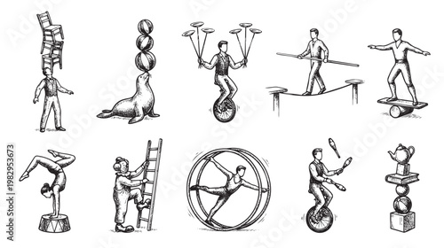 A collection of vintage-style black and white line drawings depicts various circus performers engaged in balancing acts, showcasing skill and entertainment.