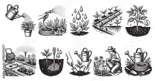A collection of vintage-style black and white illustrations depicts various gardening scenes, including watering plants with a hose and watering can, drip irrigation, and soil analysis.