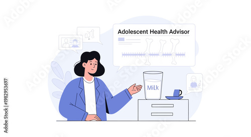 Adolescent health advisor presenting milk and health data on screen