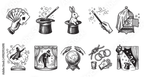 A collection of vintage black and white drawings illustrating various magic show elements, including playing cards, a magician's hat, a rabbit, and a crystal ball, evoking a sense of wonder.