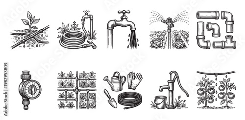 A set of hand-drawn illustrations depicting various garden watering methods including drip irrigation, sprinklers, hoses, and pipes.