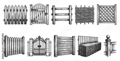 A collection of diverse fence and gate designs in a vintage illustration style, showcasing different materials and architectural elements for landscaping and property boundaries.