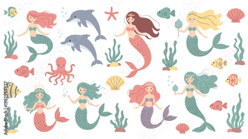 Enchanting collection of colorful cartoon mermaids, dolphins, octopuses, and diverse sea life in an underwater world.