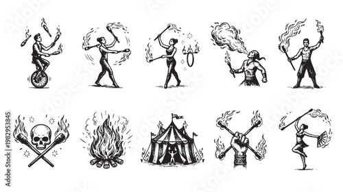 A collection of black and white woodcut-style illustrations depicting various circus fire performers in action, showcasing juggling, fire breathing, and dramatic poses.