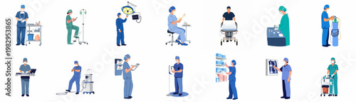 Collection of diverse medical professionals in scrubs performing various clinical tasks, surgical preparations, and patient care duties, isolated on a white background.