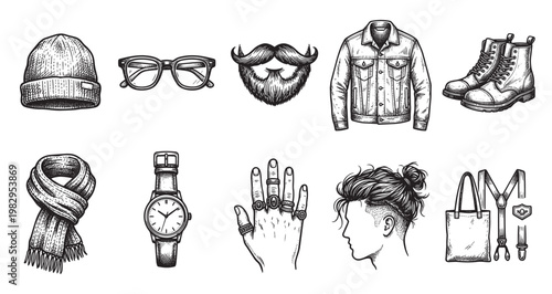 A hand-drawn collection of hipster fashion items including a beanie, glasses, mustache, denim jacket, boots, scarf, watch, rings, hairstyle, tote bag, and suspenders.