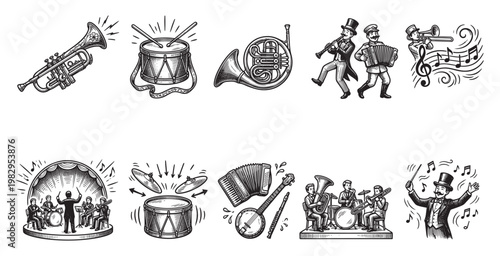 A collection of vintage style illustrations featuring musicians playing various instruments, with musical notes and a conductor.