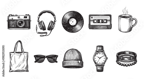 A collection of vintage style objects, including a camera, headphones, vinyl, cassette tape, coffee mug, tote bag, sunglasses, beanie, watch, and bracelets, rendered in a black and white sketch.