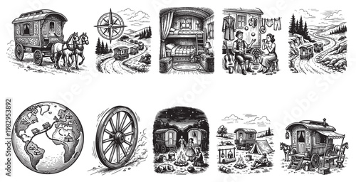 A collection of vintage black and white woodcut illustrations depicting caravan life, travel, and adventure, with scenes of horse-drawn wagons, camping, and world travel.