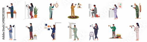 Flat illustration collection of diverse people in pajamas using smart home thermostats and heating systems to control the temperature in their houses.