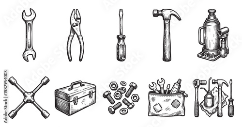 A vintage hand-drawn illustration featuring a variety of tools and hardware, arranged in two rows on a clean white background for a retro, DIY aesthetic.