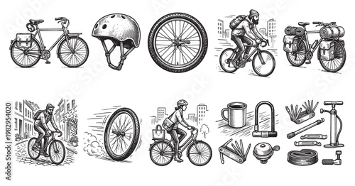 A charming line art illustration collection showcasing various aspects of bicycle life, including touring bikes, city cycling, accessories, and a helmet, all in a vintage sketch style.