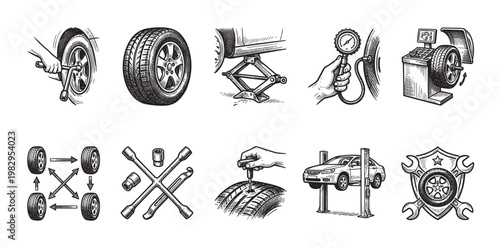 This collection of black and white illustrations depicts various car tire services and repair tools, including changing a tire, tire pressure checks, wheel balancing, and car lifts.