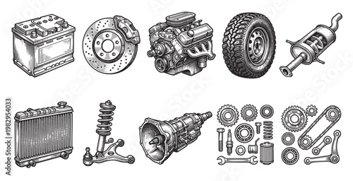 A collection of detailed black and white engravings of various car parts, including an engine, battery, tire, brake disc, and transmission, arranged against a white background for commercial use.