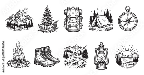 This black and white sketch collection depicts various elements of a camping adventure, including mountains, a backpack, tent, compass, campfire, boots, and a lantern.