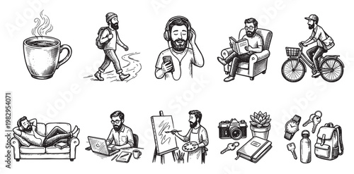 A collection of hand-drawn sketch illustrations depicting a man's diverse lifestyle activities from coffee to art and travel, in a simple black and white style.