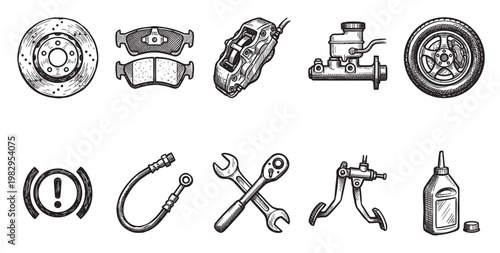 Hand-drawn sketch illustration of various car brake system components, including a disc, pads, caliper, master cylinder, wheel, hose, tools, pedals, and fluid bottle, in a clean, monochrome style.