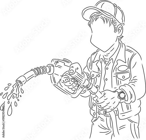 a male figure operating a fuel pump nozzle.represents a gas station attendant or a customer using a self-service fuel station.minimalist line art style with editable paths.