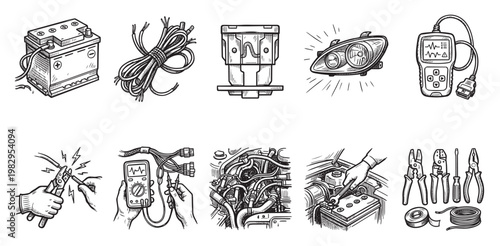 Hand-drawn illustration of various car electrical components and tools, including a battery, wires, fuse, headlight, diagnostic scanner, and mechanic's hands.
