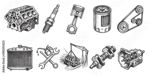 Detailed ink drawing of automotive engine components including a block, piston, crankshaft, and radiator against a white background for clear use.
