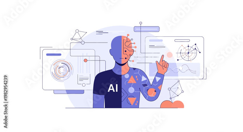 Artificial Intelligence Humanoid Figure with Digital Brain and Data Visualization