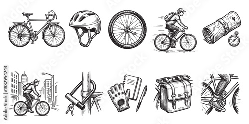 Hand drawn black and white illustrations depict elements of cycling, including a bicycle, helmet, wheel, cyclist in motion, map, compass, city scene, lock, gloves, notebook, pen, and saddlebag.