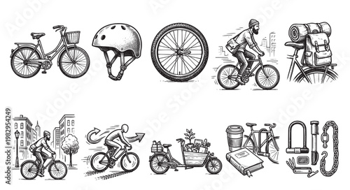 A vintage-style collection of hand-drawn vector illustrations depicting various aspects of the cycling lifestyle, including different bikes, gear, and urban scenes.