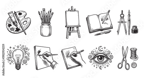 A black and white illustration featuring a collection of artistic tools and creative symbols, including paintbrushes, a palette, an easel, books, drawing instruments, a lightbulb, and sewing items.