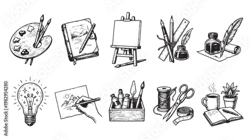 A collection of black and white hand-drawn illustrations featuring art supplies, crafting tools, and symbols of creativity and inspiration.
