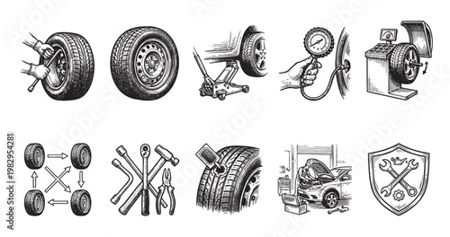 A collection of vintage style illustrations depicting various aspects of car tire repair and maintenance, including tools, jacking, pressure checks, and wheel balancing.