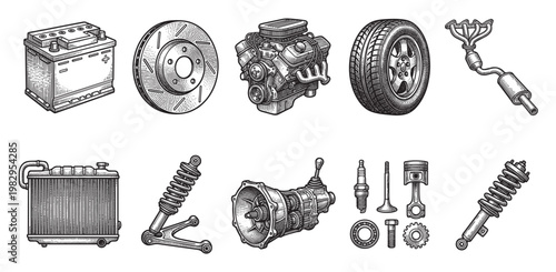 A monochrome, woodcut-style illustration showcasing a variety of vintage car parts, including an engine, battery, tire, and transmission, on a white background.