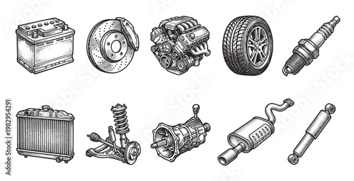 A collection of detailed vintage-style illustrations of various automotive parts including an engine, tire, and battery, perfect for design projects.