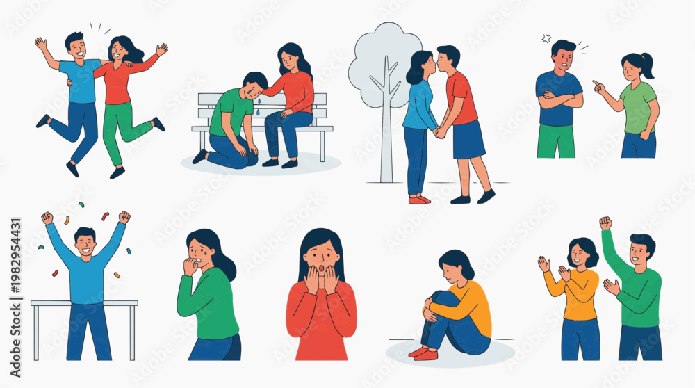 Fototapeta premium Depicting varied human experiences, showcasing a collection of illustrations of different emotional moments and interactions. Each scene captures a different facet of the human experience