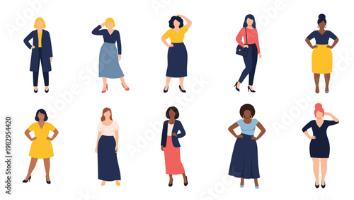 Diverse group of ten women with different body shapes and ethnicities wearing various fashionable and casual outfits.