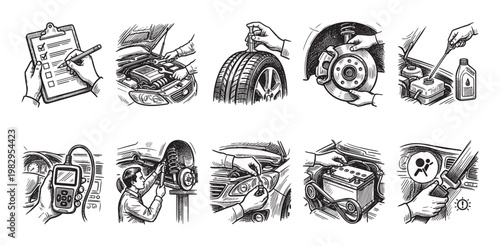 A collection of hand-drawn black and white illustrations depicting various car maintenance and repair tasks, including diagnostics, engine work, tire changes, and safety checks.