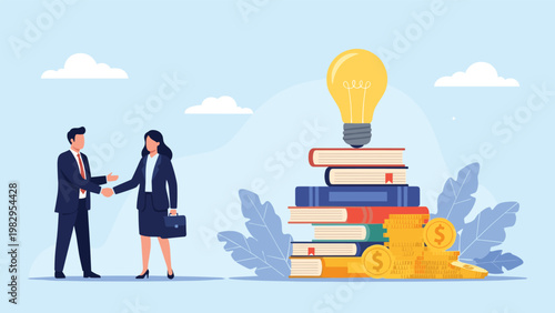 Professional handshake between a man and woman in suits next to a large stack of colorful books and gold coins.