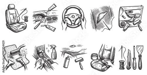 A collection of black and white hand-drawn illustrations depicting various car interior repair and cleaning tasks, such as sewing seats, fixing dashboards, and detailing.