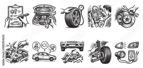 A hand-drawn montage of car repair and maintenance illustrations, including mechanics, tools, diagnostics, and car parts, conveying expertise and service.