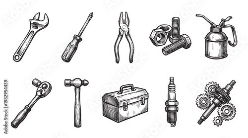 A collection of hand-drawn black and white illustrations featuring various tools, nuts, bolts, gears, and a toolbox, evoking a vintage or DIY aesthetic.