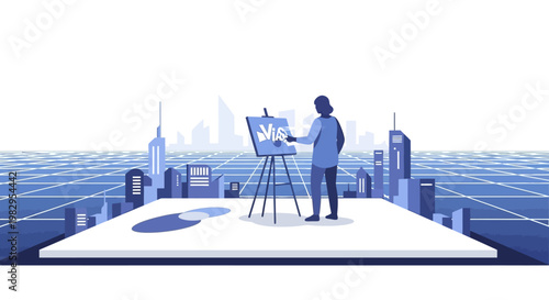 Artist painting cityscape on easel in futuristic digital city