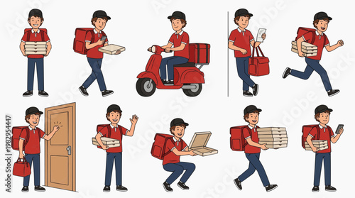 Set of delivery boy characters in various action poses delivering pizzas, with diverse movements. The image shows a delivery guy in a red shirt with a bag. 