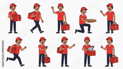 Set of various actions of delivery person in different poses. A delivery person wearing a red uniform is shown in a variety of poses