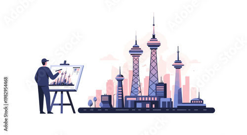Artist painting cityscape with modern skyscrapers and towers on canvas