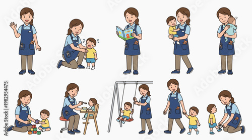 Various actions and interactions between a caregiver and a child, capturing moments of care, play, and learning