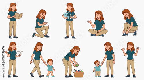 A collection of cartoon illustrations of a mother and child in different poses. The illustrations showcase a mother interacting with a child in various scenarios
